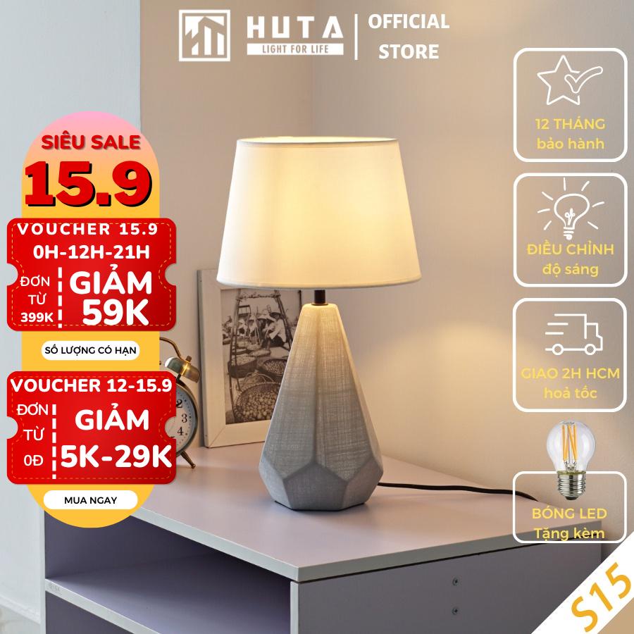 Đèn Ngủ Để Bàn HUTA Gốm Sứ Tăng Giảm Độ Sáng, Led Vàng Ấm, Chao Vải Hình Nón, Decor Trang Trí Phòng Ngủ, Khách Sạn- S15