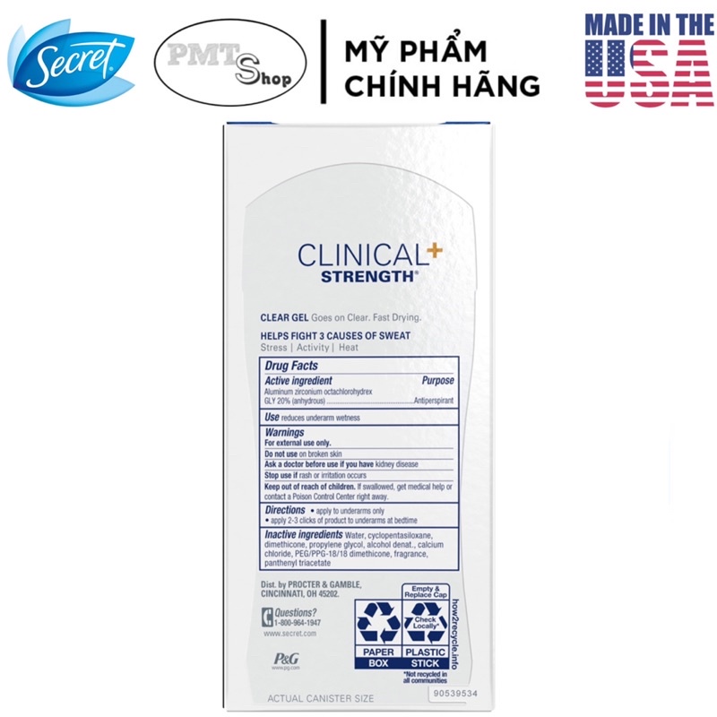 [USA] Lăn khử mùi nữ Secret Clinical Strength Clear Gel Completely Clean 73g , 45g - Mỹ