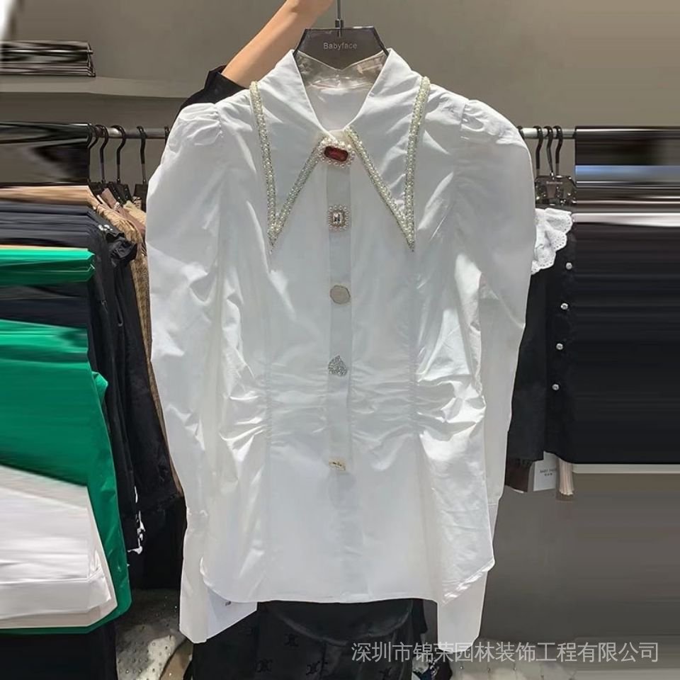 Áo Sơ Mi Trắng Cổ Nhọn Đính Đá Phong Cách Châu Âu Thời Trang 2022 Cho Nữ