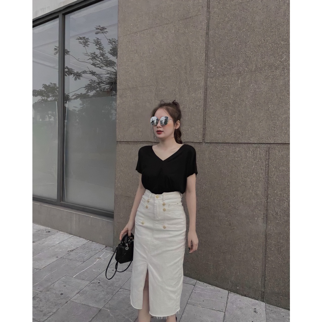 Chân Váy Jeans Nữ Đính Túi Trước Xẻ Tà 🦋 Váy Bò Nữ Dáng Chữ A Cạp Cao FullSize 2 Màu 🦋