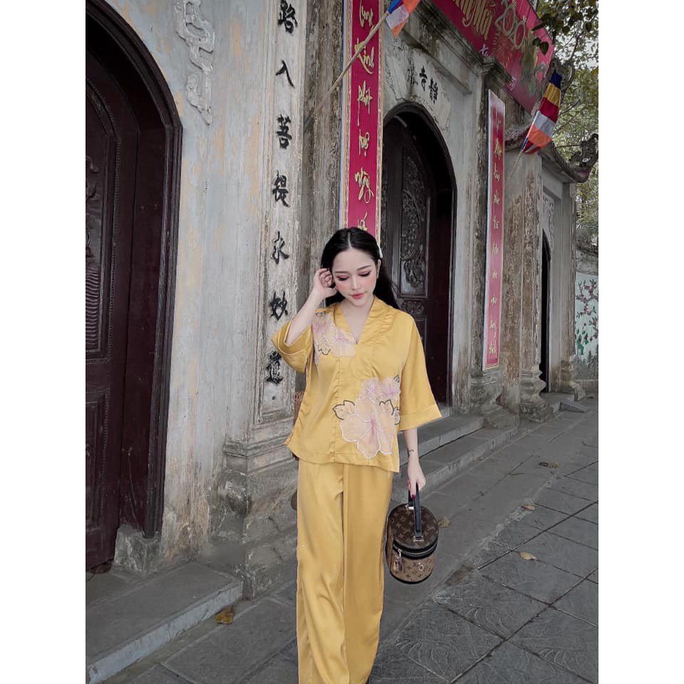 Đồ Lam Đi Chùa #Vải lụa hoa nổi# Quần Áo Nữ