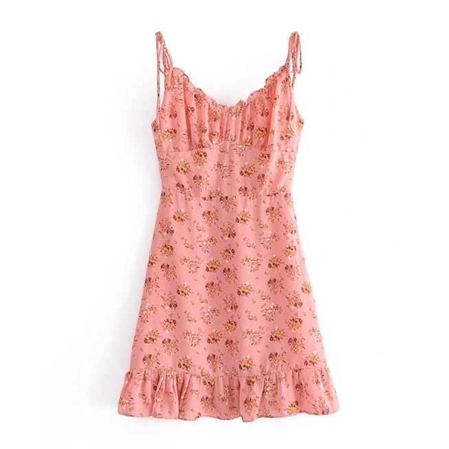 Váy đầm mini hoa nhí màu hồng hai dây