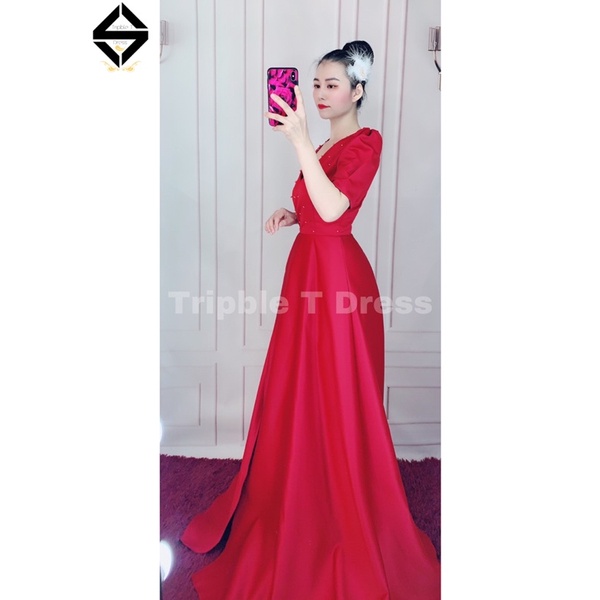 Đầm maxi cổ V đắp chéo tay phồng xẻ đùi có quần trong TRIPBLE T DRESS - MS183Y