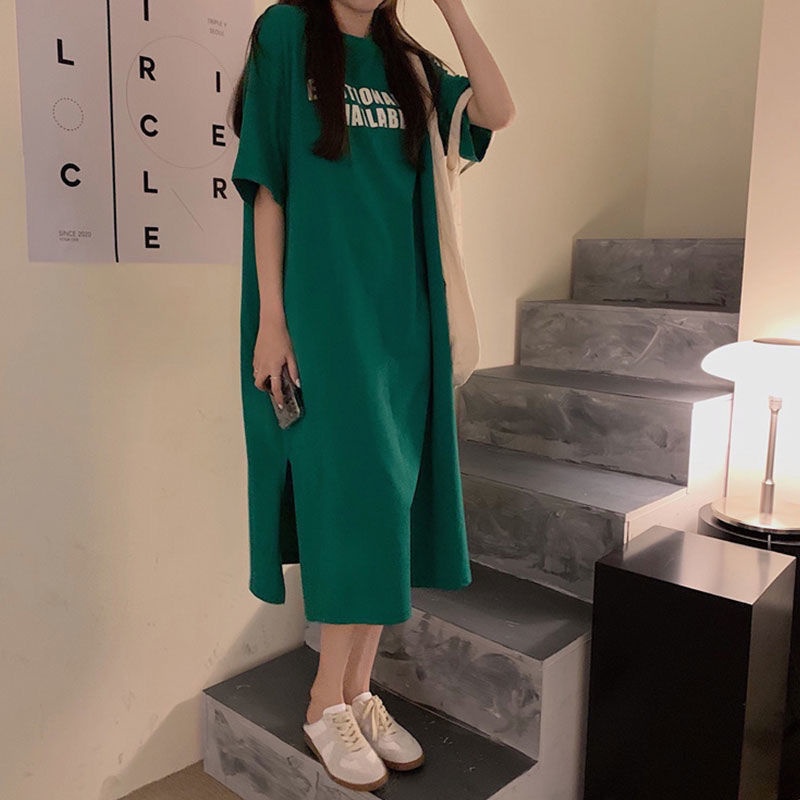 Đầm Thun Cotton Dài Qua Gối Tay Lửng Dáng Rộng Họa Tiết Kẻ Sọc Thời Trang Mùa Hè Cho Nữ