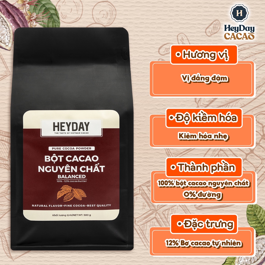 Túi 500g Bột cacao nguyên chất 100% Heyday - Dòng Balanced phổ thông - Chuẩn UTZ Quốc Tế