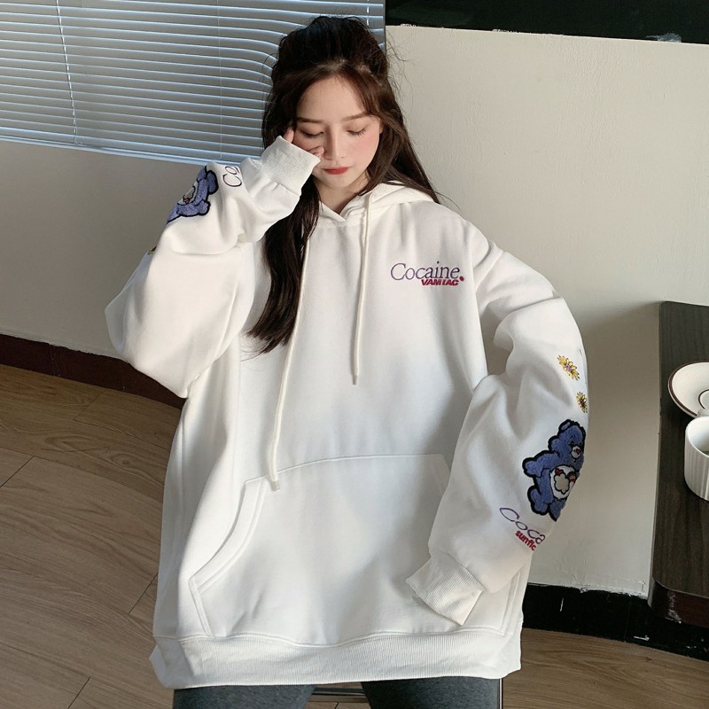 Áo hoodie nữ form rộng dài COCAINE đen, trắng vải nỉ in hình đẹp order quảng châu BST áo thu đông unisex Ulzzang 2020