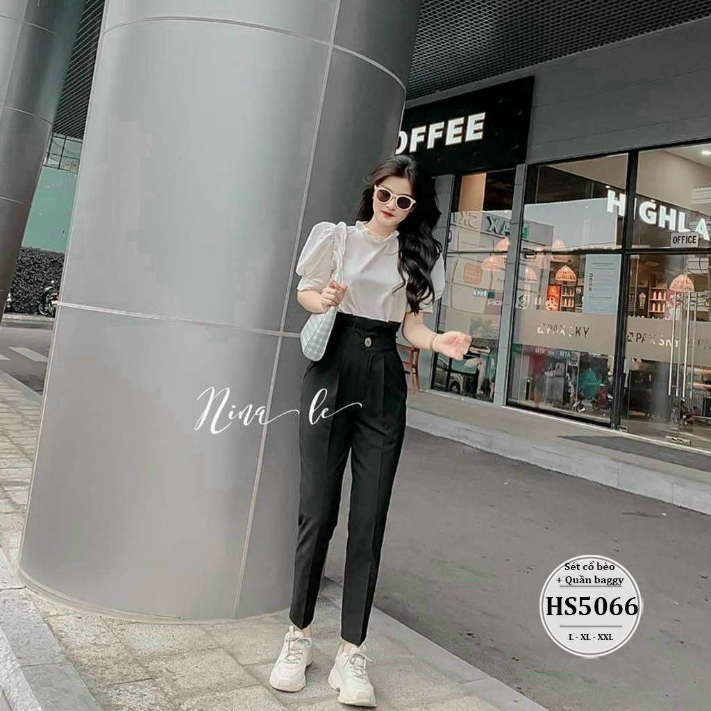 Set quần áo bigsize nữ: quần bigsize nữ baggy khóa kéo lưng bèo + áo bigsize nữ cổ bèo HS5066  - Size 55-90kg L XL XXL