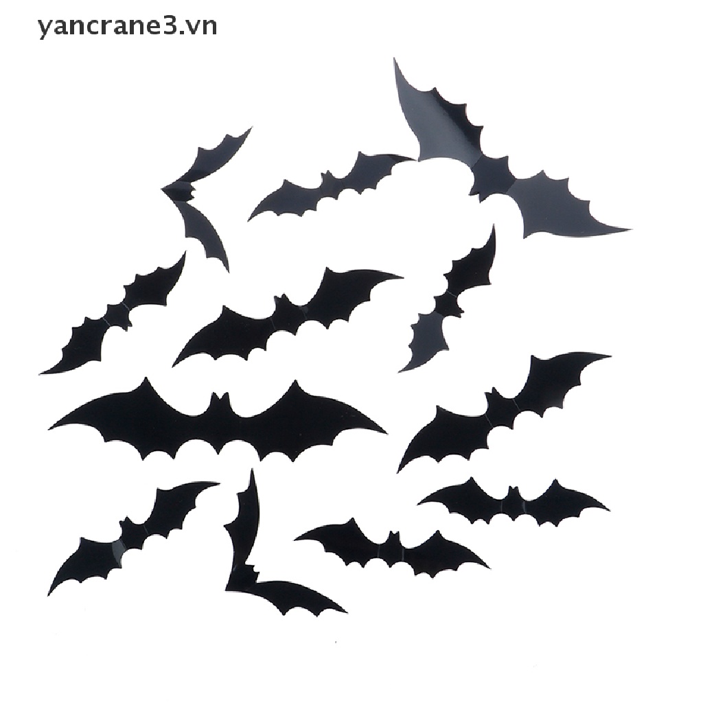 Bộ 12 Sticker Dán Tường Trang Trí Halloween Hình Dơi 3D Bằng PVC Màu Đen DIY