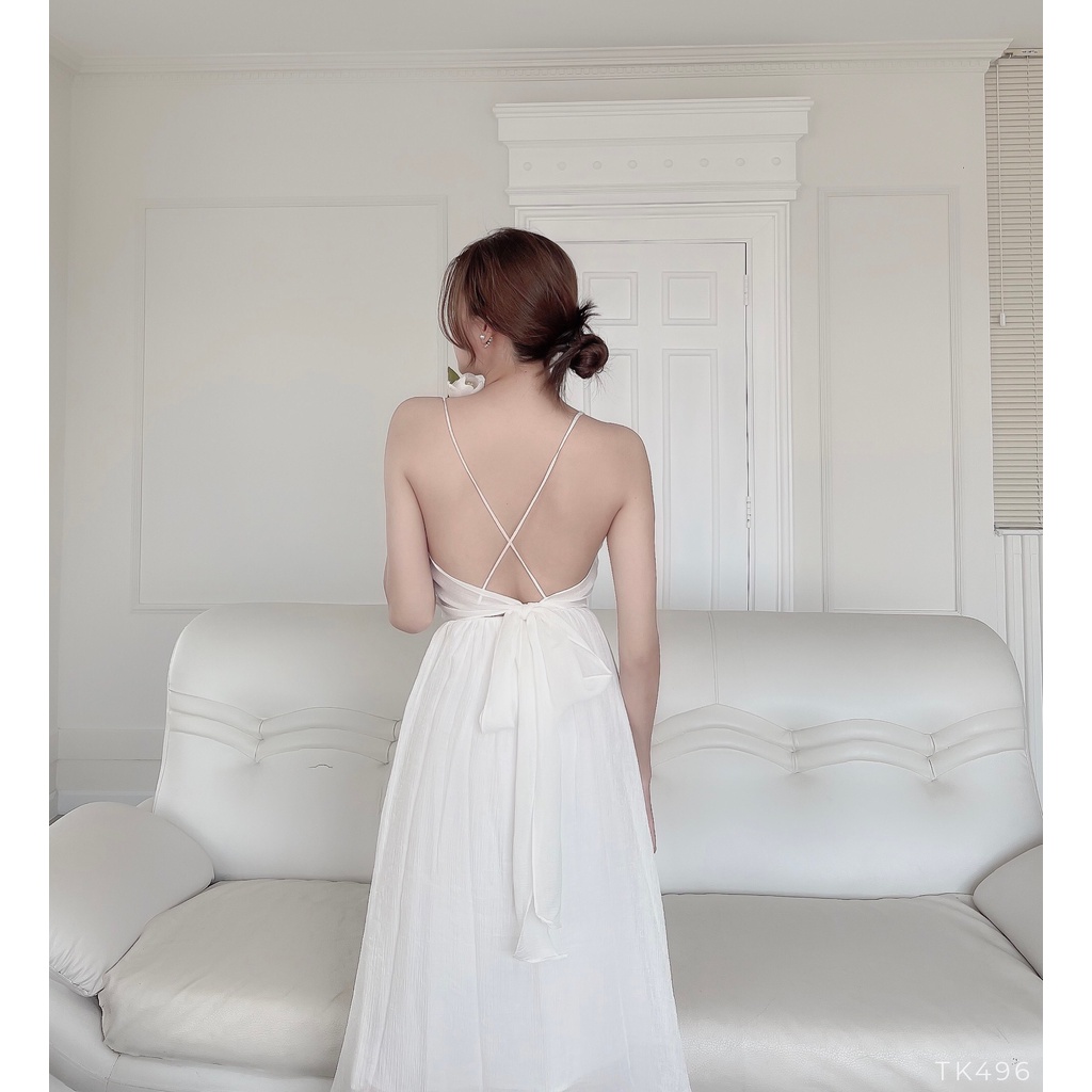Đầm midi 2 dây chéo lưng cột nơ siêu sexy