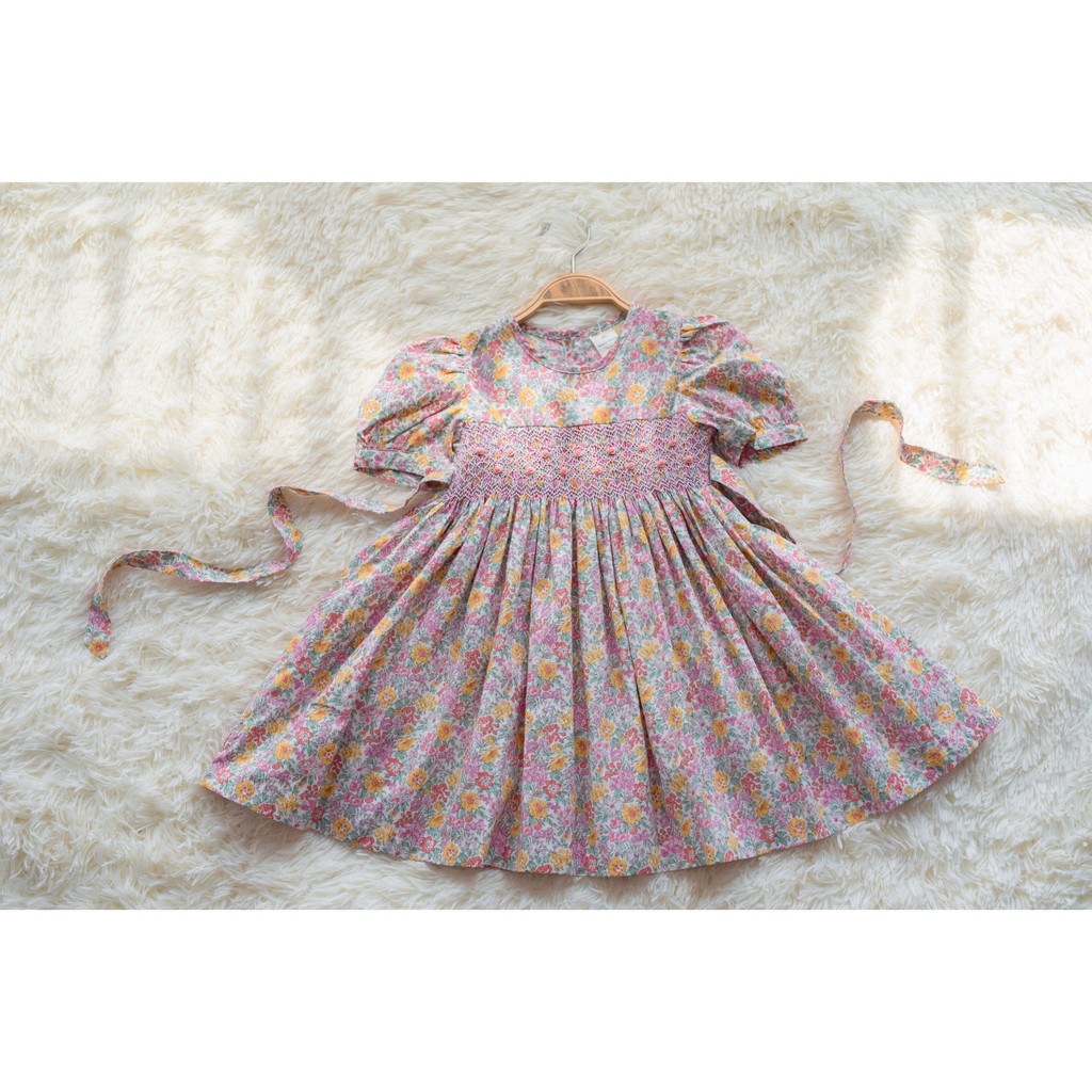 [LITTLE PINK] KEIKO SMOCKED DRESS - Váy smock cổ tròn hoa tím vàng bé gái