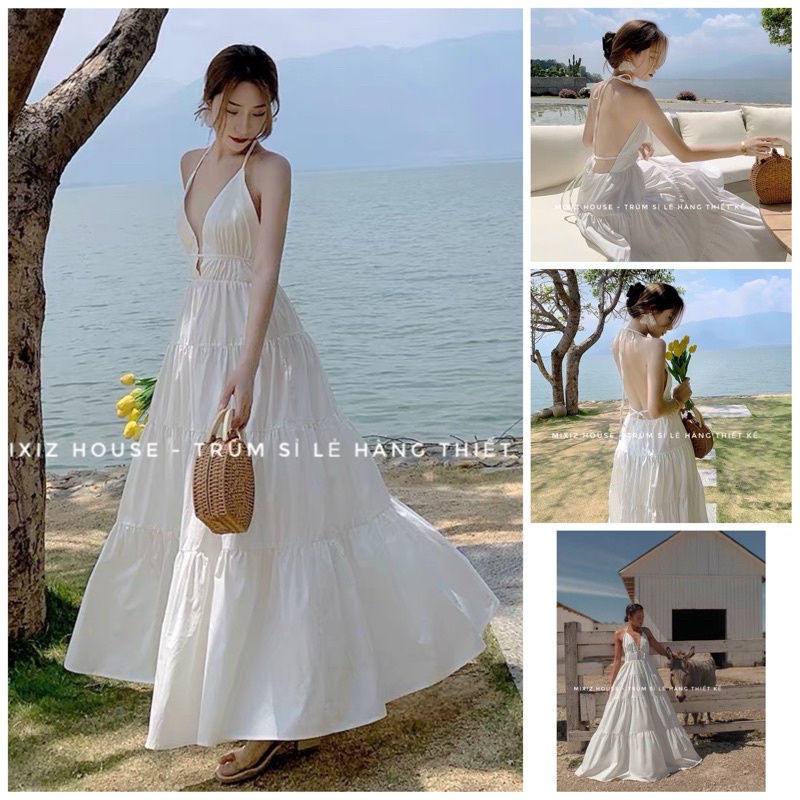 Đầm maxi hở lưng Mixiz màu trắng kèm ảnh thật