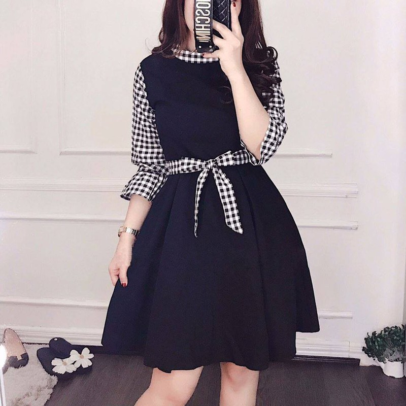 Đầm Xòe Đẹp Caro Cổ Tròn Dạo Phố, Đầm Công Sở Dáng Xòe Kèm Thắt Eo Đẹp Ngất Phối Tay Lỡ Trẻ Trung Savvy