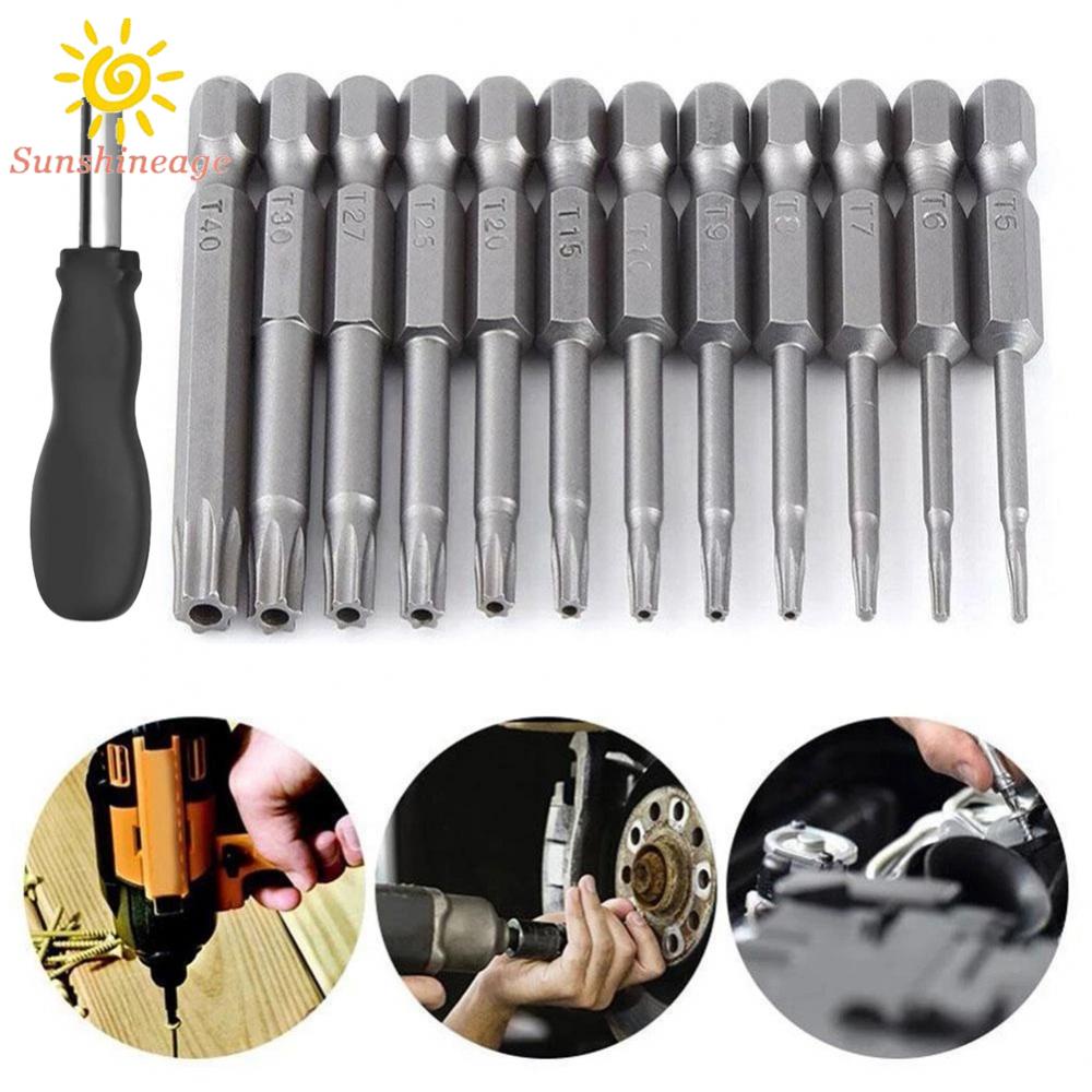 Torx Screwdriver Bits Silver + Black T5-T40 50mm/1.97&quot; 6.35mm Hex Shank