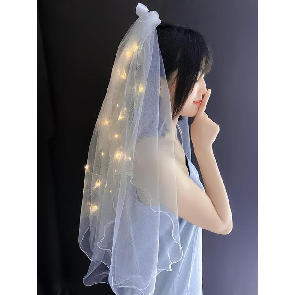 Mạng che mặt hai lớp đính ngọc trai giả trang điểm cho cô dâu