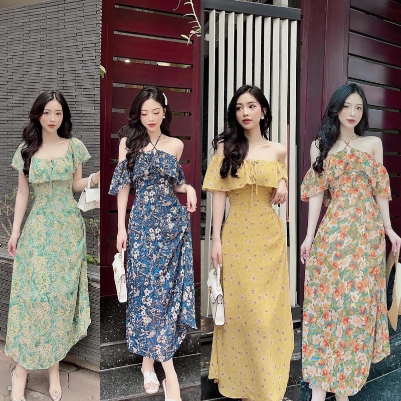 Váy hoa trễ vai dáng dài ảnh chuẩn mẫu từ Trang Hiền Hồ Boutique