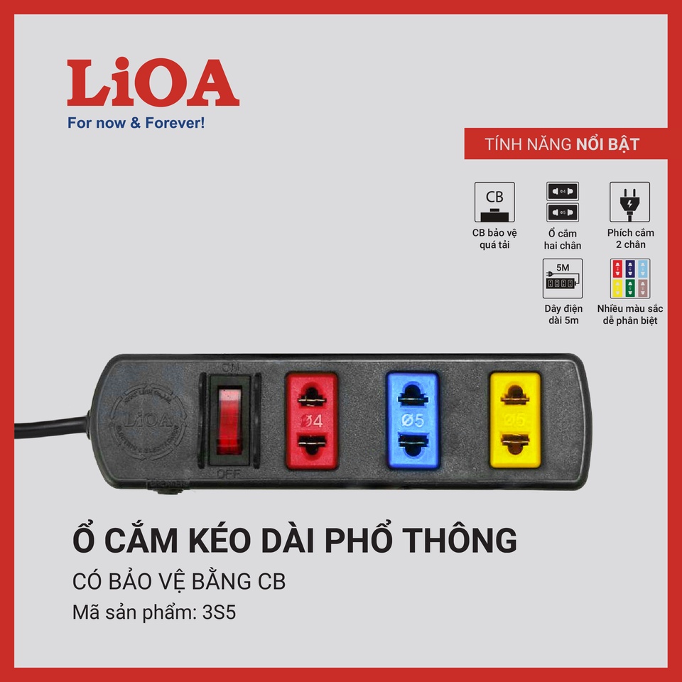 [CHÍNH HÃNG] Ổ cắm LiOA kéo dài phổ thông 3 lỗ, 4 lỗ, 5 lỗ, 6 lỗ, 2 chấu dây dài 3m - 5m, 2 lõi, 1000W - 2200W