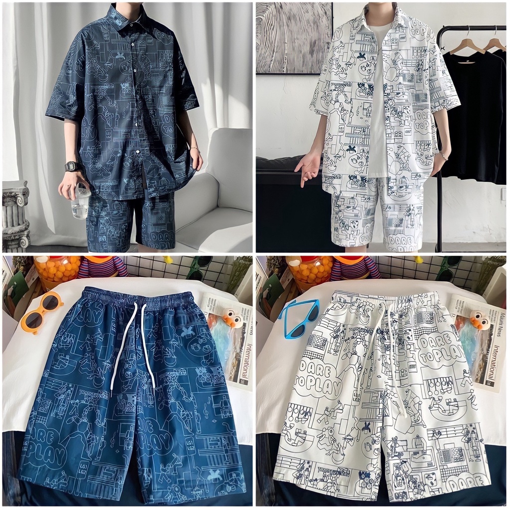 Set Bộ quần áo Unisex Nam Nữ, Bộ Sơ mi cộc form rộng in họa tiết cực xinh đi chơi, đi biển có sẵn