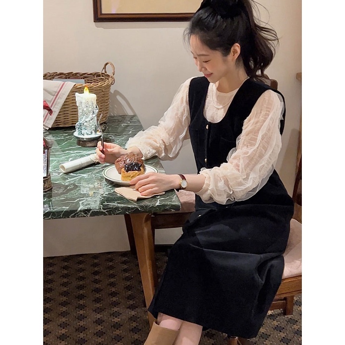 Set áo sơ mi cổ tròn dài tay và chân váy phong cách retro 48042