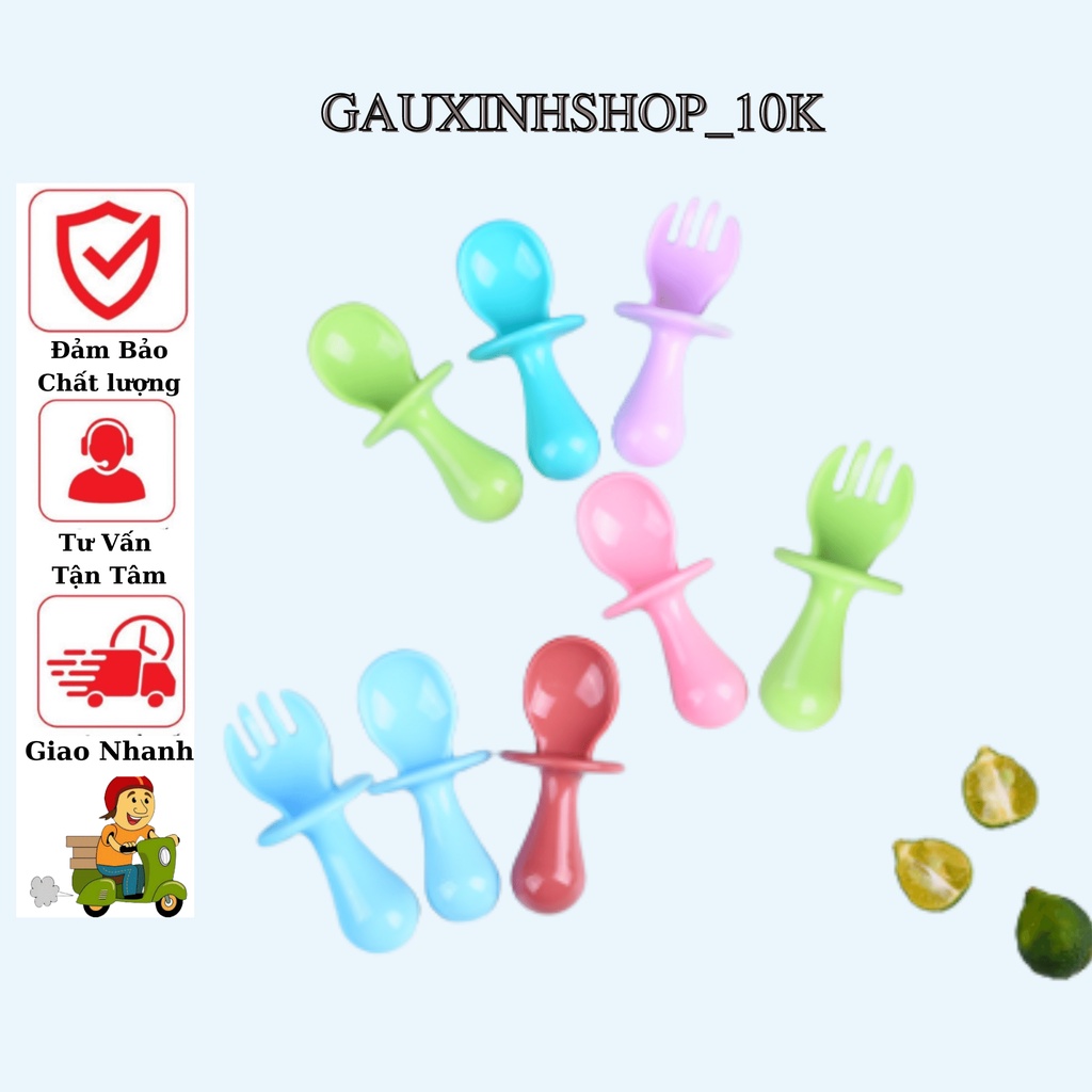 Thìa dĩa tập xúc cán ngắn cho bé tập ăn dặm có nút chặn chống hóc