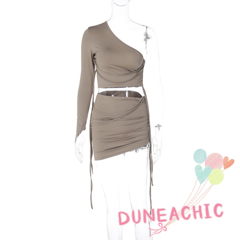 DUNEA Set Áo Croptop Trễ Vai + Chân Váy Bút Chì Thiết Kế Dây Rút Nữ Tính