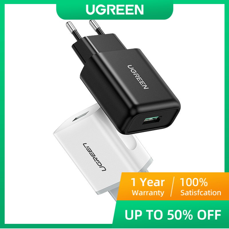 Củ sạc USB UGREEN 3.0 QC 18W phích cắm US UK cho Samsung S10 Xiaomi iPhone Huawei (kèm cáp type C/Micro)