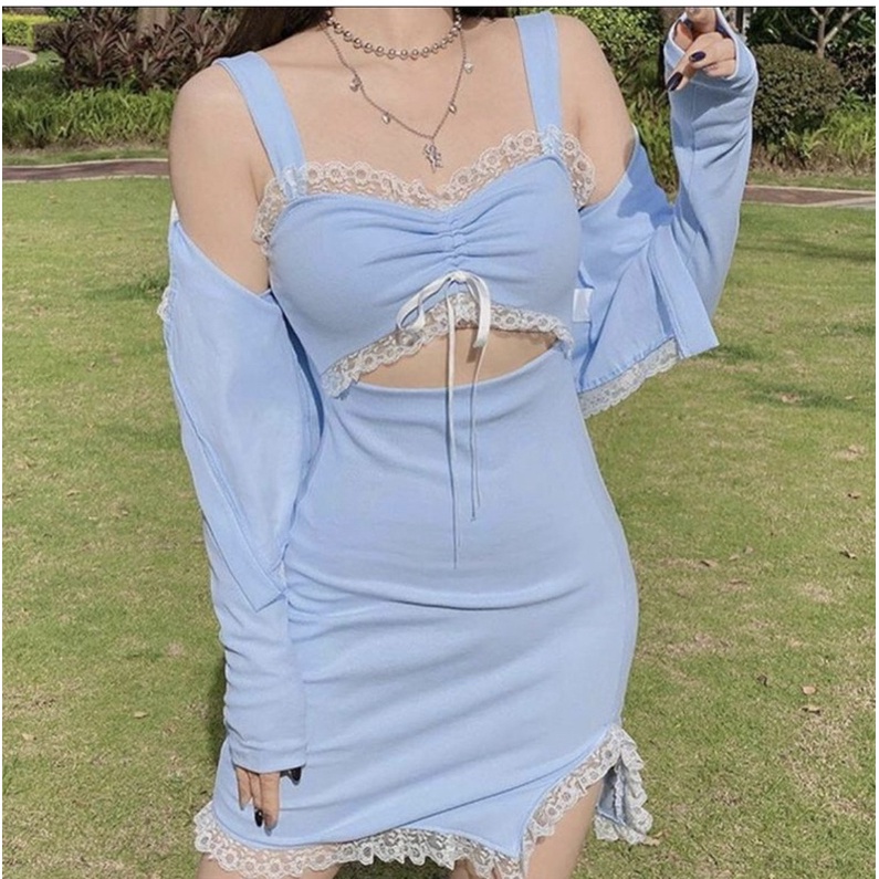 Đầm hai dây kiểu ngắn nữ phối ren thun gân cut out khoét eo xẻ tà ôm sát body trơn - Order taobao quảng châu