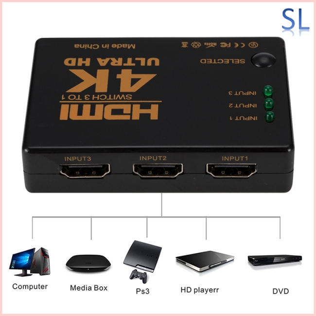 3 Port HDMI Splitter Switcher 3 In 1 Out Hub Box +Remote Auto Switch 1080P HD