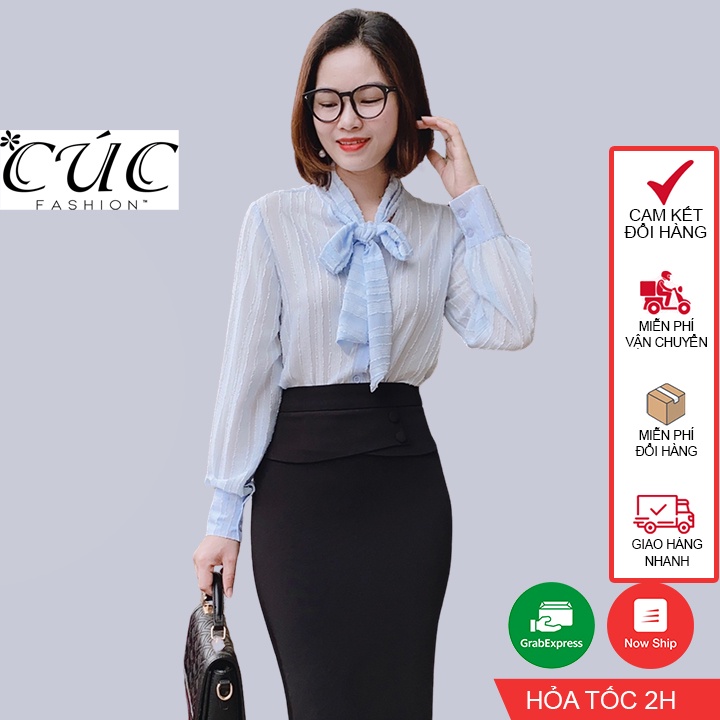 Áo sơ mi nữ Cúc Fashion sơmi kiểu dài tay vải lụa cao cấp thời trang công sở đi học kẻ xanh cam buộc nơ chữ FF đẹp A1042