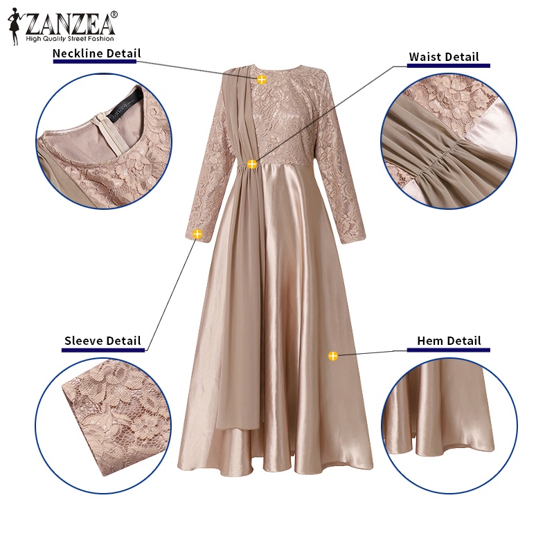 Đầm maxi Zanzea dài tay phối ren có khóa kéo thời trang dành cho nữ