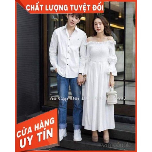 Áo đôi: Đầm maxi rút thun ôm vintage + Áo somi nam phối hợp Giá rẻ