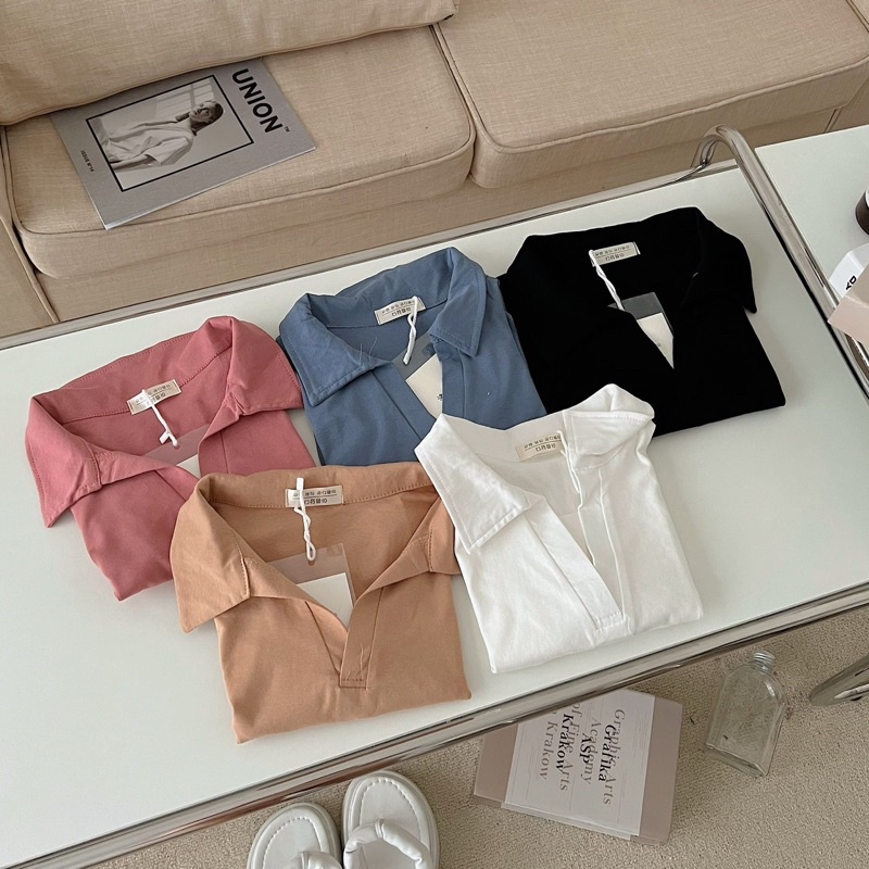 Áo Croptop cổ đức Kiểu Nữ Ôm Body SANJOLI Polo có cổ sơ mi thun Tay Ngắn Form Rộng sexy Cá tính thể thao màu trắng đen