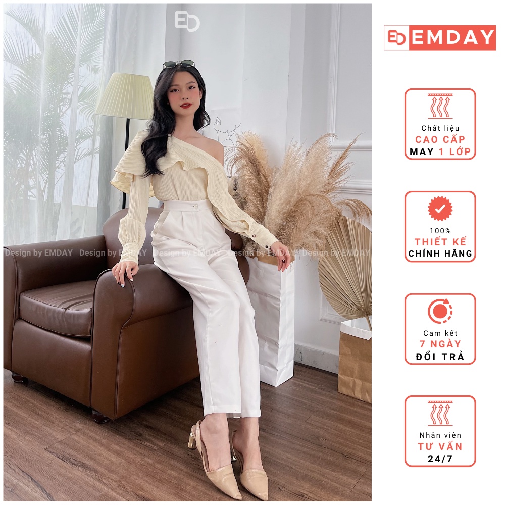 Áo Kiểu EMDAY Thiết Kế Cao Cấp, Áo Nữ Lệch Vai Màu Kem Tay Dài Sang Trọng Dự Tiệc Cafe Chất Xốp Nhung - Yuumi Top