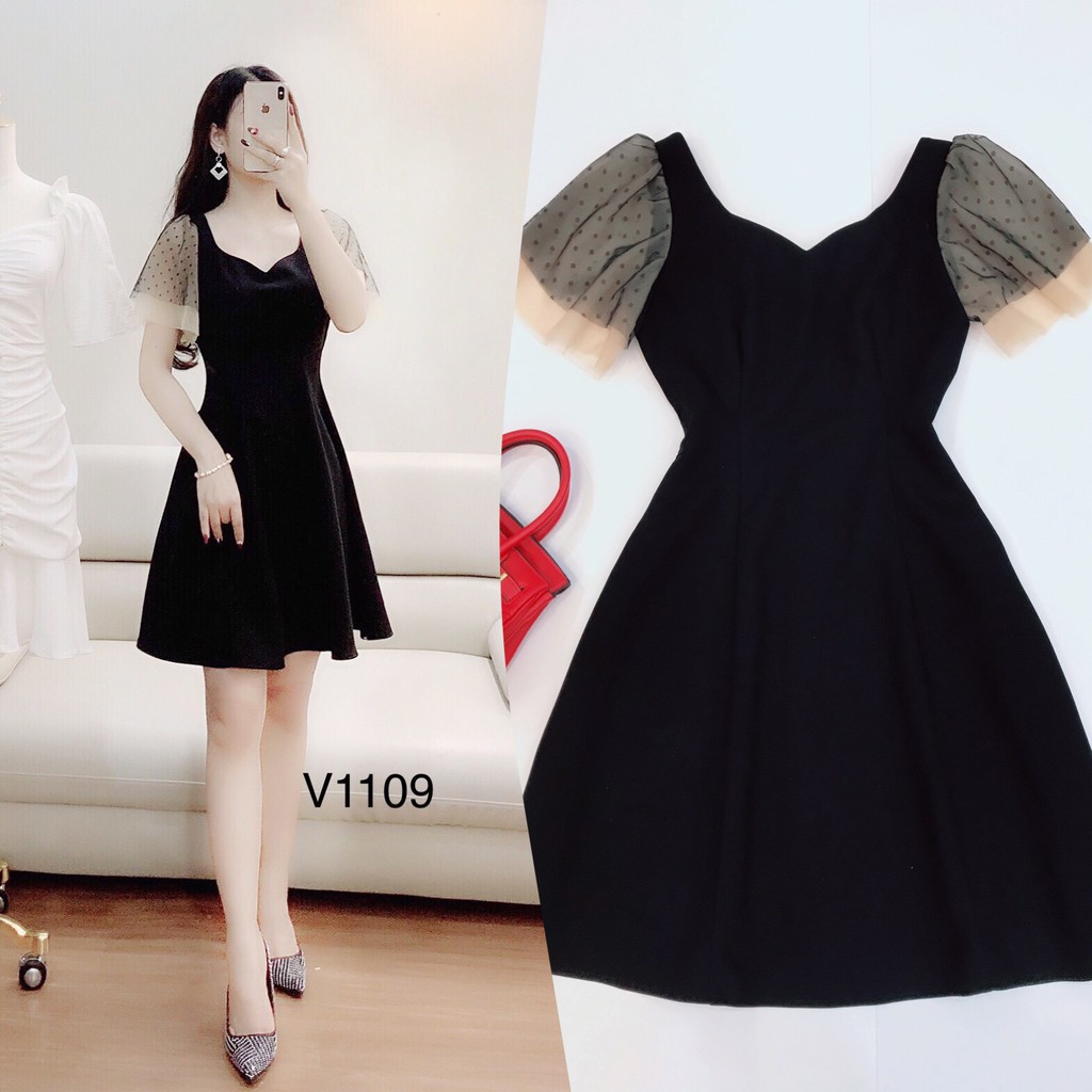 [ xả kho ] MiD Đầm đen xòe tay lưới V1109