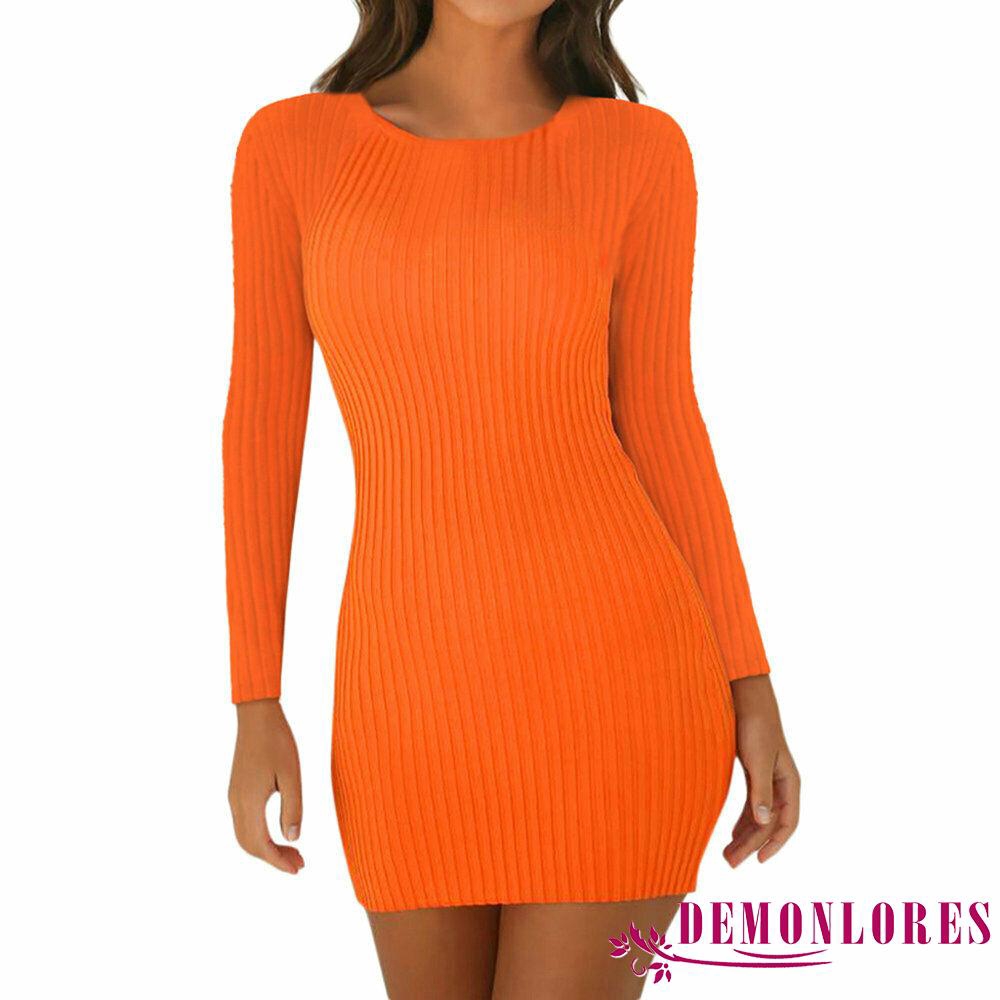 ❀DEM☞Women Ladies Long Sleeve Solid Dresses Skinny Slim Knitted Stretch Bodycon Party Evening Cocktail Short Mini Dress