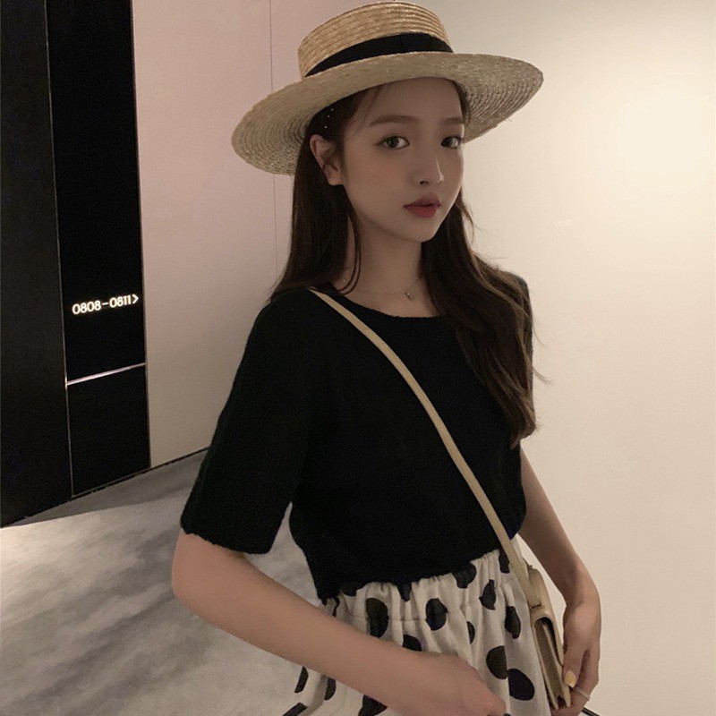 Áo croptop dệt kim ngắn tay họa tiết kẻ sọc cho nữ