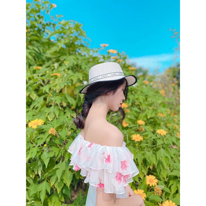 Đầm ngang vai Tơ gân trắng in hoa hồng Falling Dress Flores by Thu