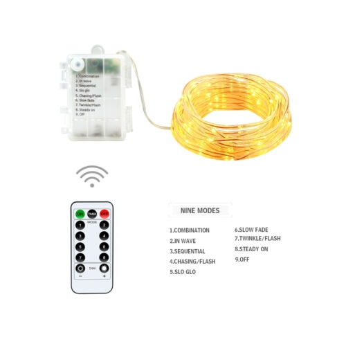 8 Modes 100 Led Fairy String Lights with Battery Remote Timer Control Operated Waterproof Copper Wire Twinkle Light
