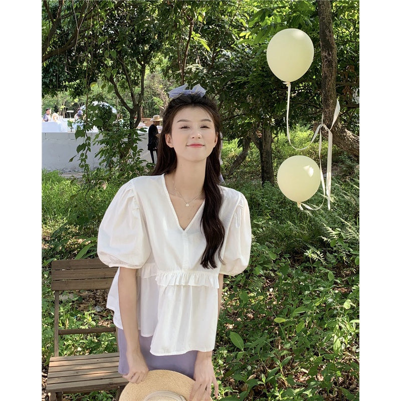 Áo Kiểu Tay Phồng Cổ Chữ V Dáng Rộng Thiết Kế Ngọt Ngào Thời Trang Mùa Hè Mới Cho Nữ