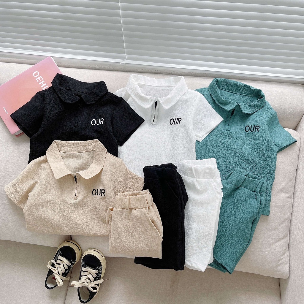 Quần áo cho bé trai chất đũi xốp OUR cổ bẻ có khóa cổ chất mềm mát bé trai bé gái mùa hè từ 9-24kg- BINBON KIDS