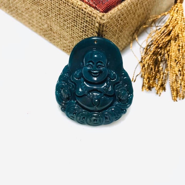 MẶT DÂY CHUYỀN PHẬT DI LẶC ĐÁ CANXEDON XANH THIÊN NHIÊN TẶNG KÈM DÂY ĐEO