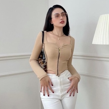 Áo croptop nữ kiểu phối khoá kéo dài tay chất vải thun gân