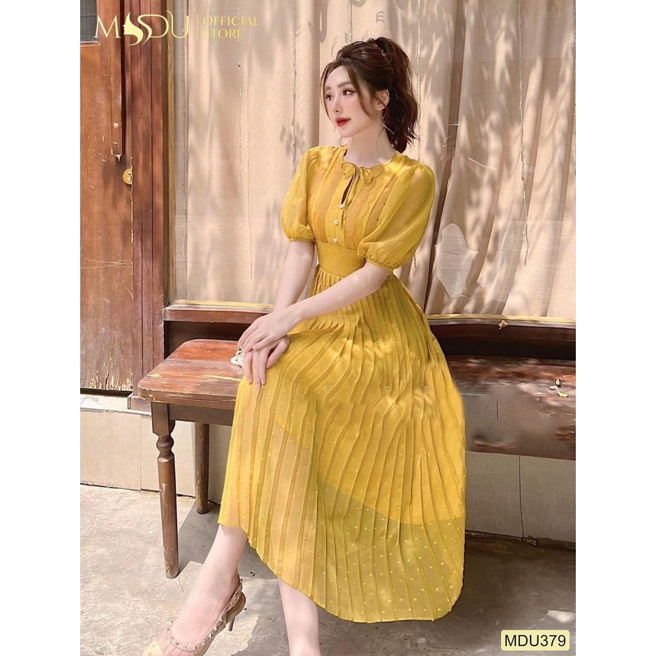 Đầm nữ dáng dài xếp ly tay bồng voan lụa vàng MDU379 - THỜI TRANG THIẾT KẾ MDU