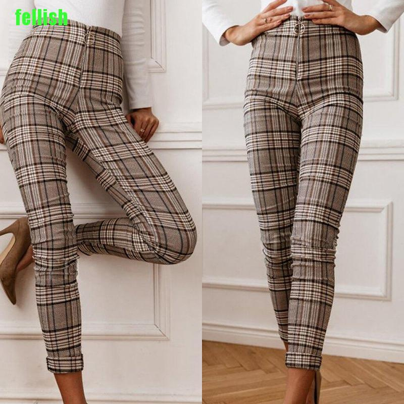 [Fel] Women Plaid Check Pencil Pants Skinny Slim High Waist Stretchy Trousers Ladies BLG