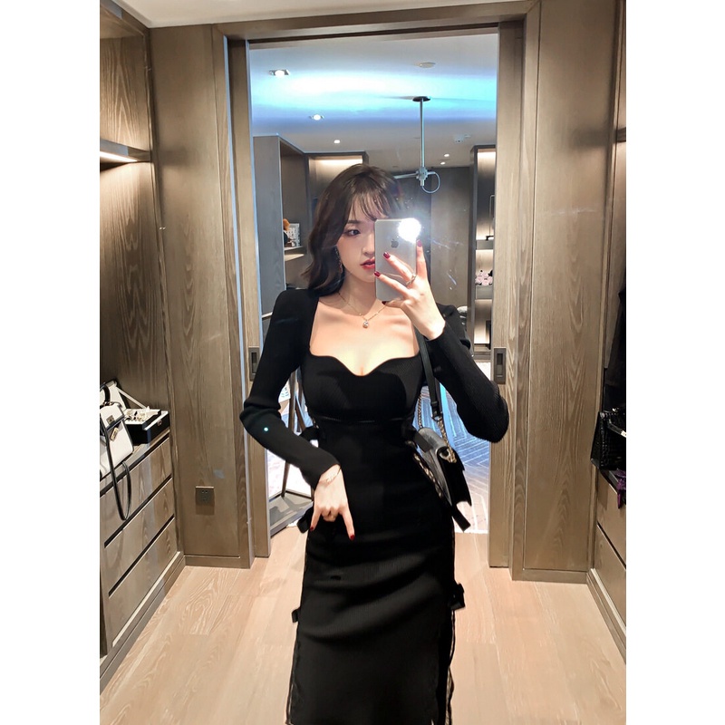 ZYHT Đầm Dệt Kim Màu Đen Dáng Dài Gợi Cảm Thời Trang Hàn Quốc Cho Nữ 4632