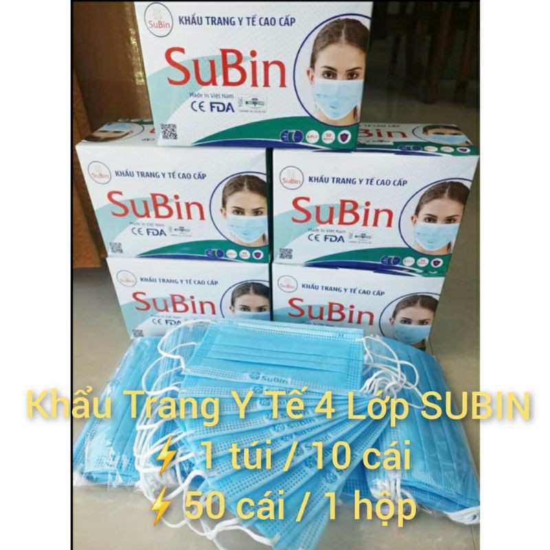 Khẩu Trang Y Tế 4 Lớp Kháng Khuẩn SUBIN Hộp 50 Cái (Đạt chuẩn, rõ nguồn gốc, giấy tờ, chính hãng, nhập tại xưởng)