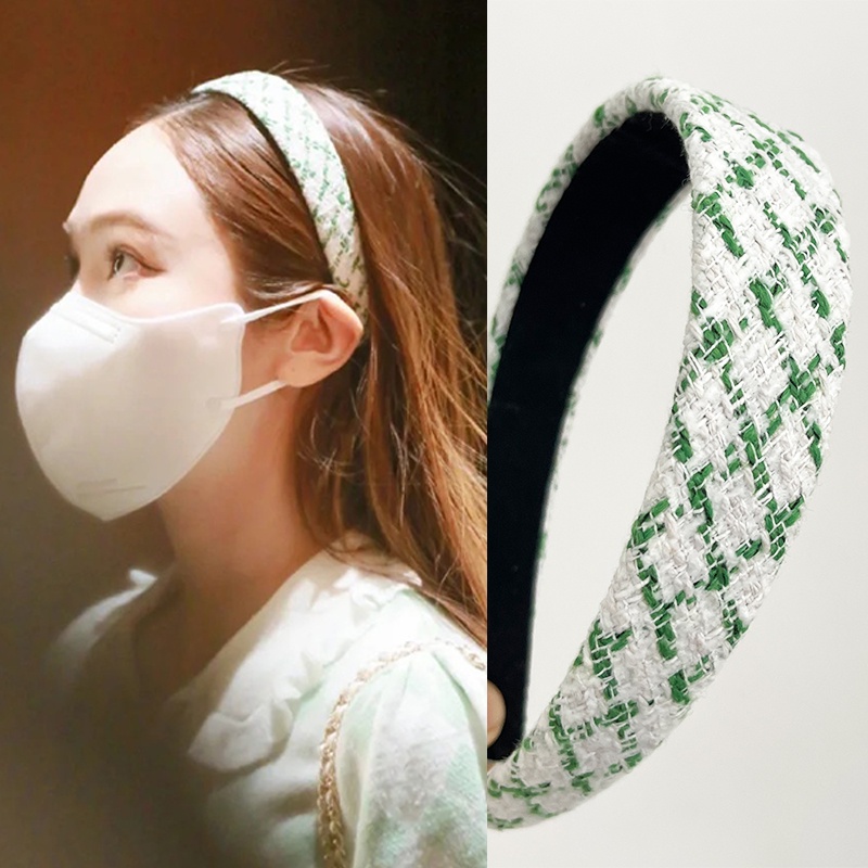 Băng Đô Cài Tóc Họa Tiết Caro Màu Xanh Lá Phong Cách Hàn Quốc Cho Nữ