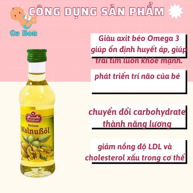 Dầu Ăn Dặm Óc Chó Đức Walnubol 100ml Nguồn dinh dưỡng với chiết xuất 100% từ quả óc chó tự nhiên giúp bổ sung omega-3