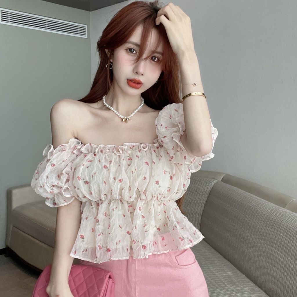 Áo Chiffon Cổ Vuông Tay Ngắn Phồng In Hoa Ngọt Ngào