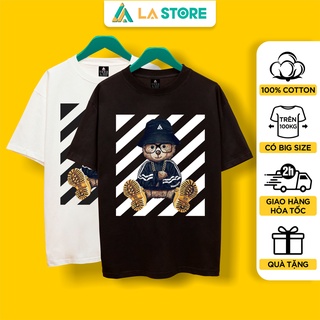 Áo Thun Unisex Cotton Gấu Teddy Phối Off-White Form Rộng Tay Lỡ Nam Nữ Có Big Size | LẠ STORE