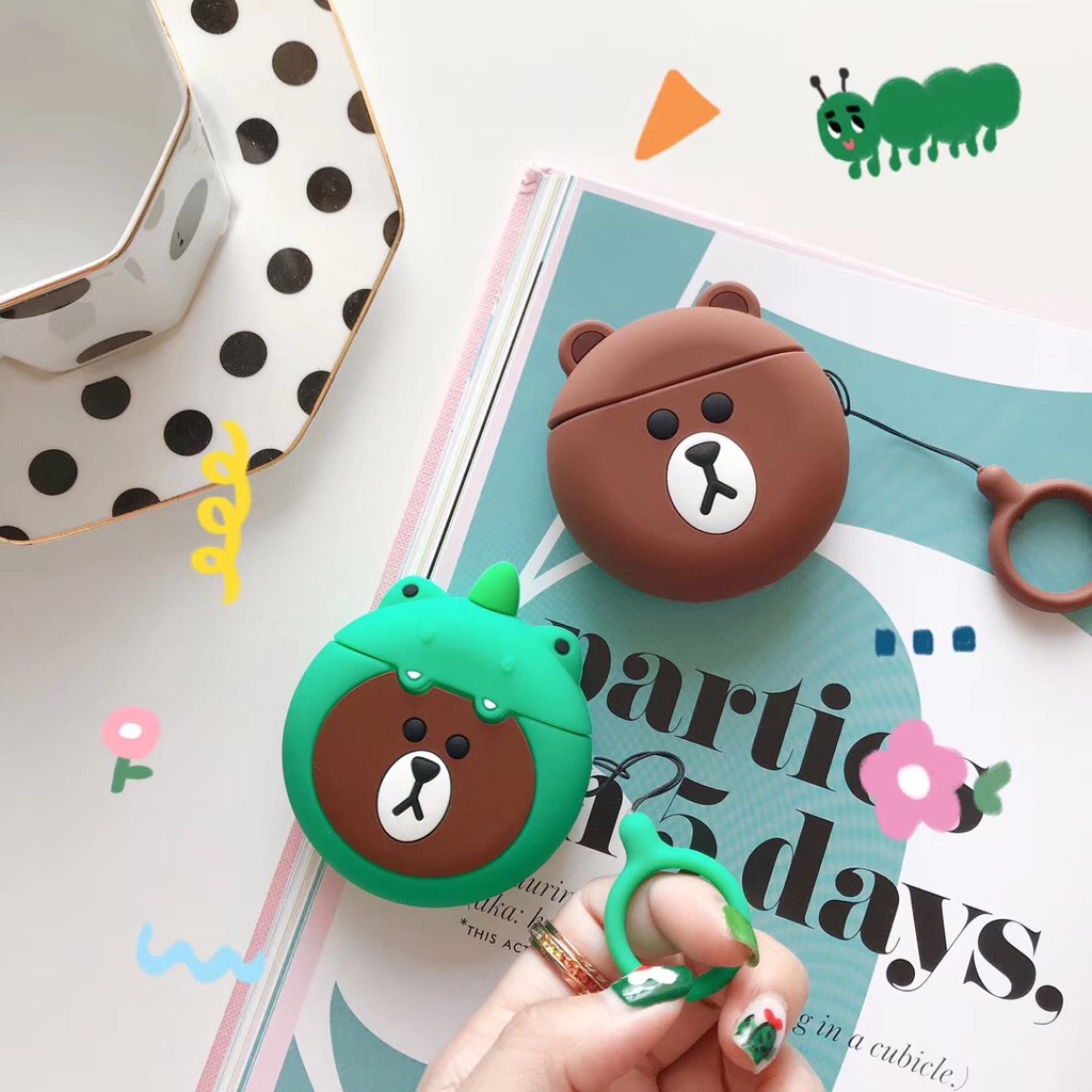 Stocks❤Dino Brown Bear 3D Apple Airpods 1/2Genereation Earphone Charger protector silicone case Hostel